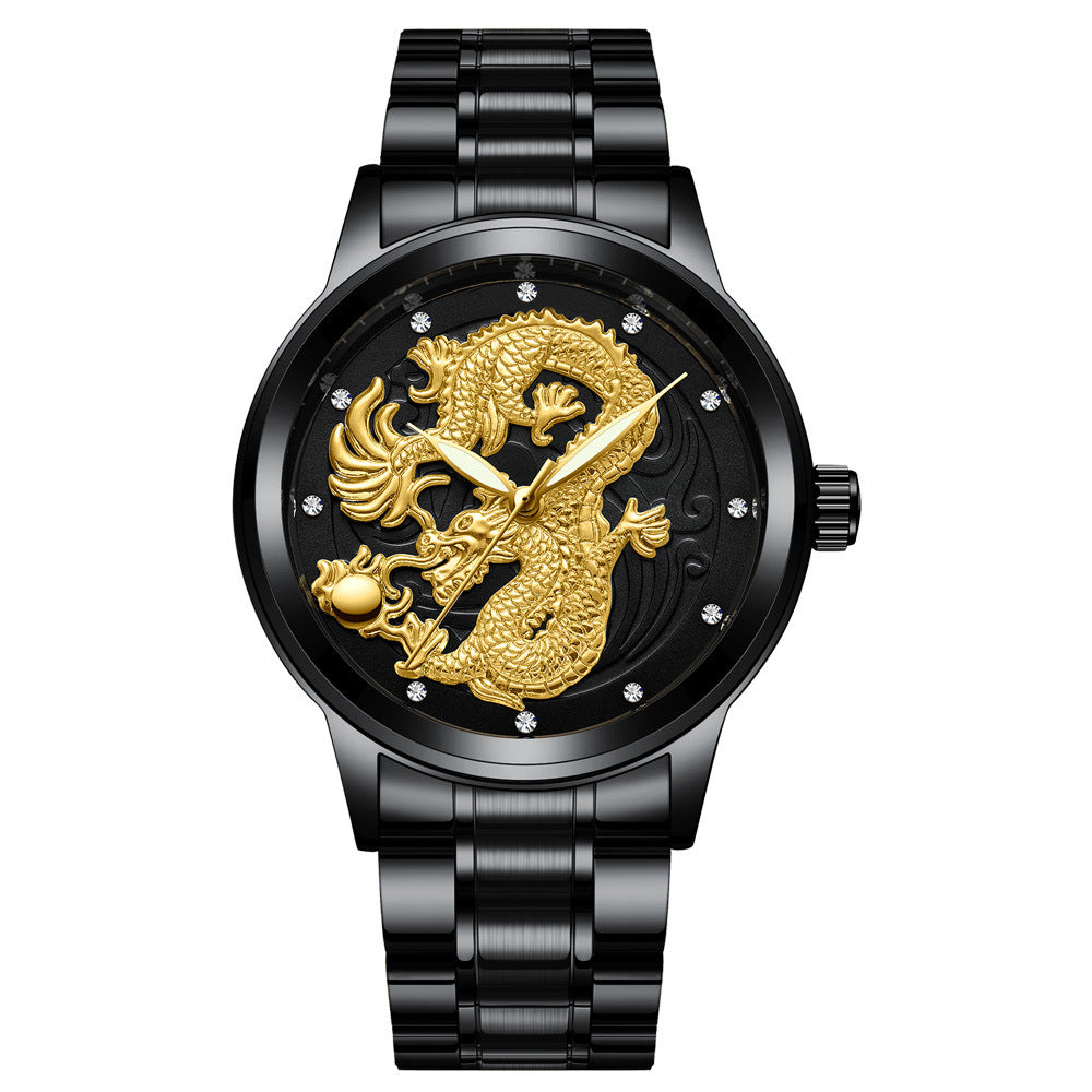 IL - Golden Stainless Steel Casual Watch Dragon Design, Waterproof, Luminous